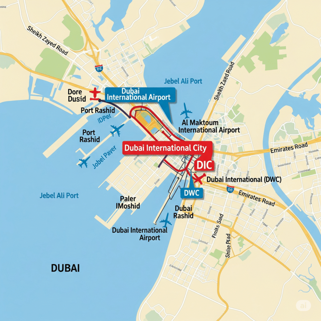 Location map of Dubai showing Dubai Industrial City’s proximity to major ports, airports, and highways for easy global connectivity.