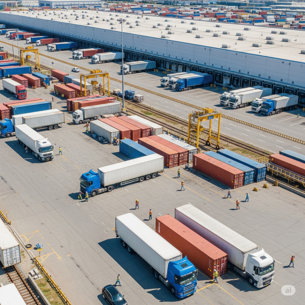 Logistics warehouse in Dubai Industrial City with trucks and containers, facilitating efficient distribution