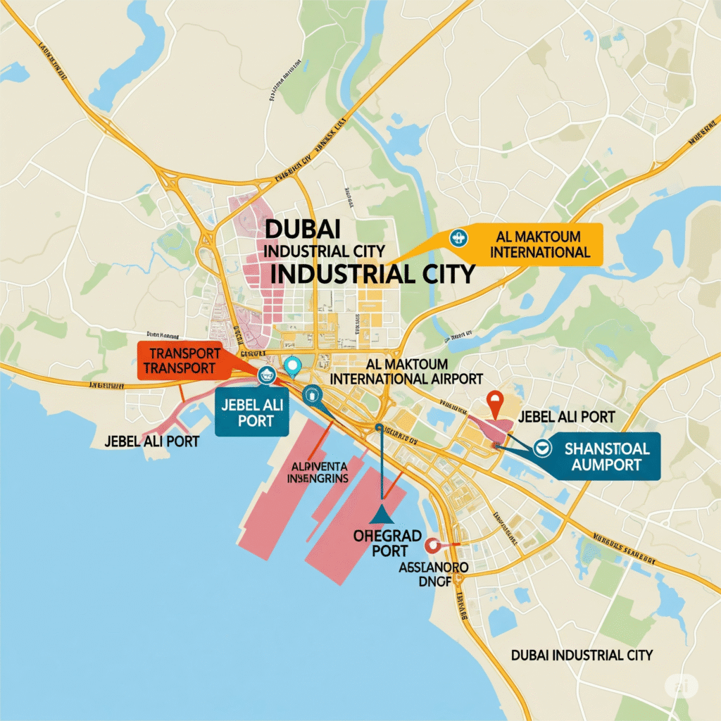 Map highlighting the strategic location of Dubai Industrial City near major transport hubs like ports and airports.