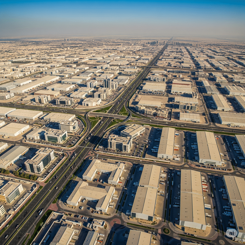 Aerial view of Dubai Industrial City showcasing expansive industrial zones and modern infrastructure.