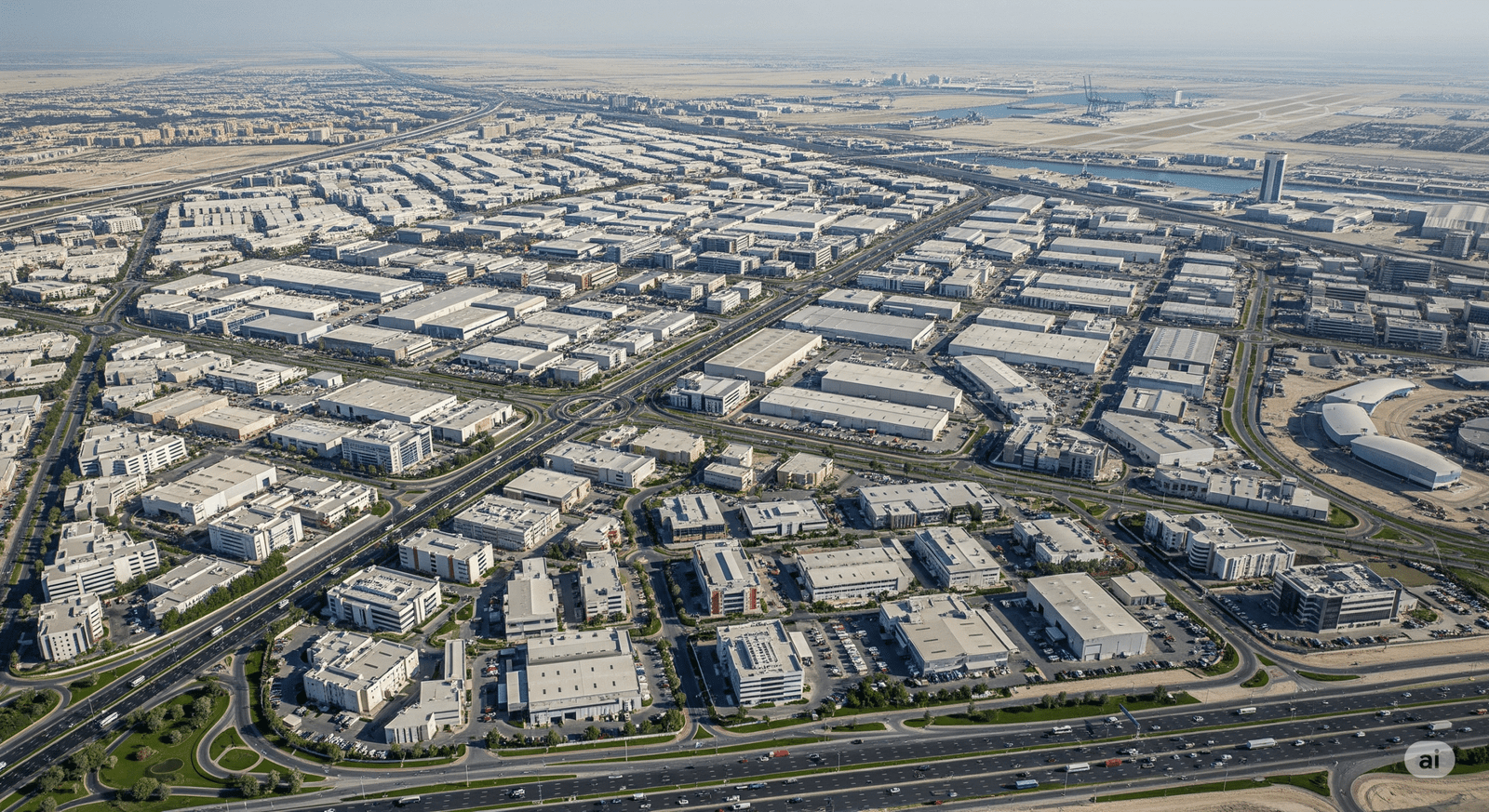 A dynamic aerial view of Dubai Industrial City
