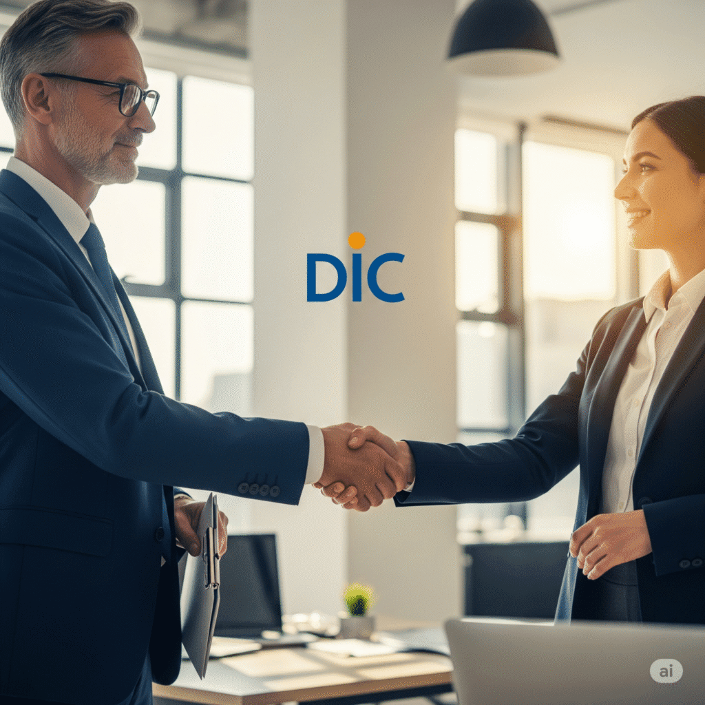 Business professionals shaking hands, symbolizing the investor-friendly environment of Dubai Industrial City.