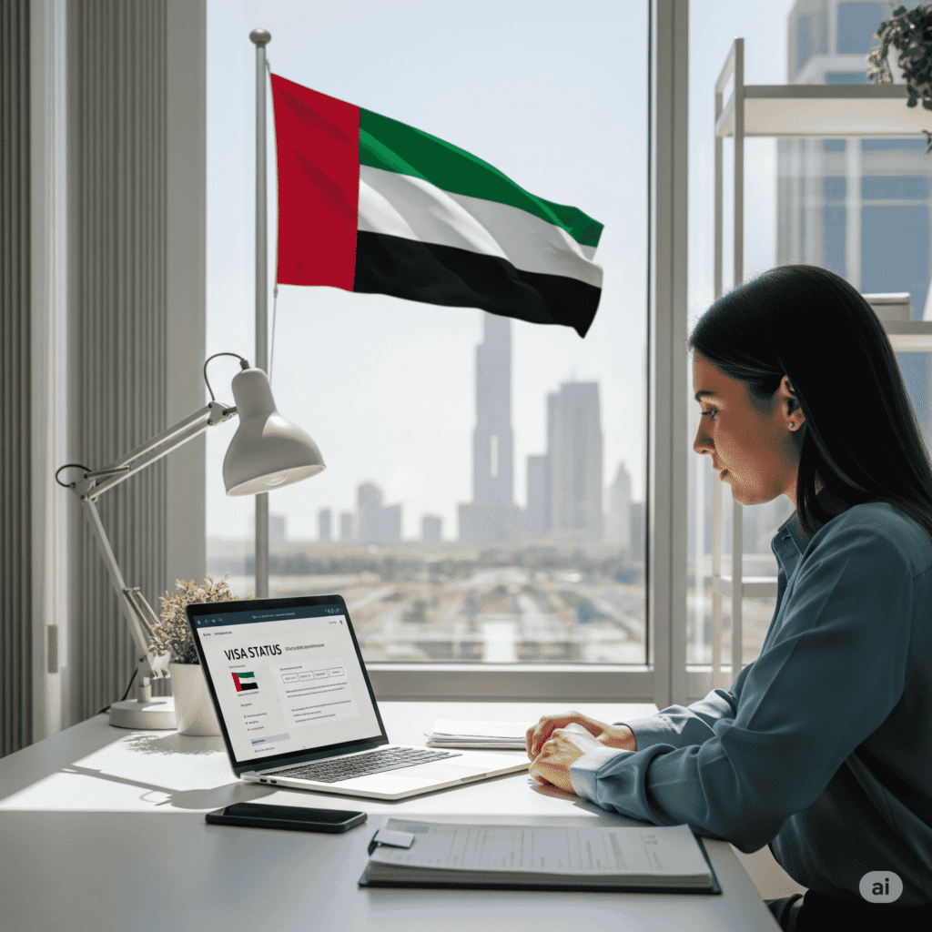 “Person checking UAE visa status online using passport number”