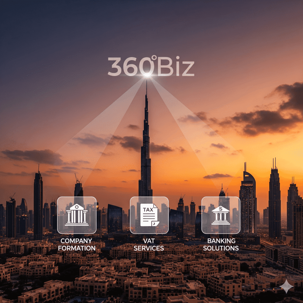 Dubai skyline with 360Biz logo representing business setup and growth opportunities.