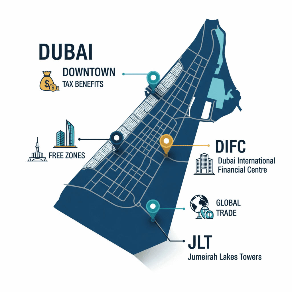 Infographic map of Dubai showing top business hubs and benefits for entrepreneurs.