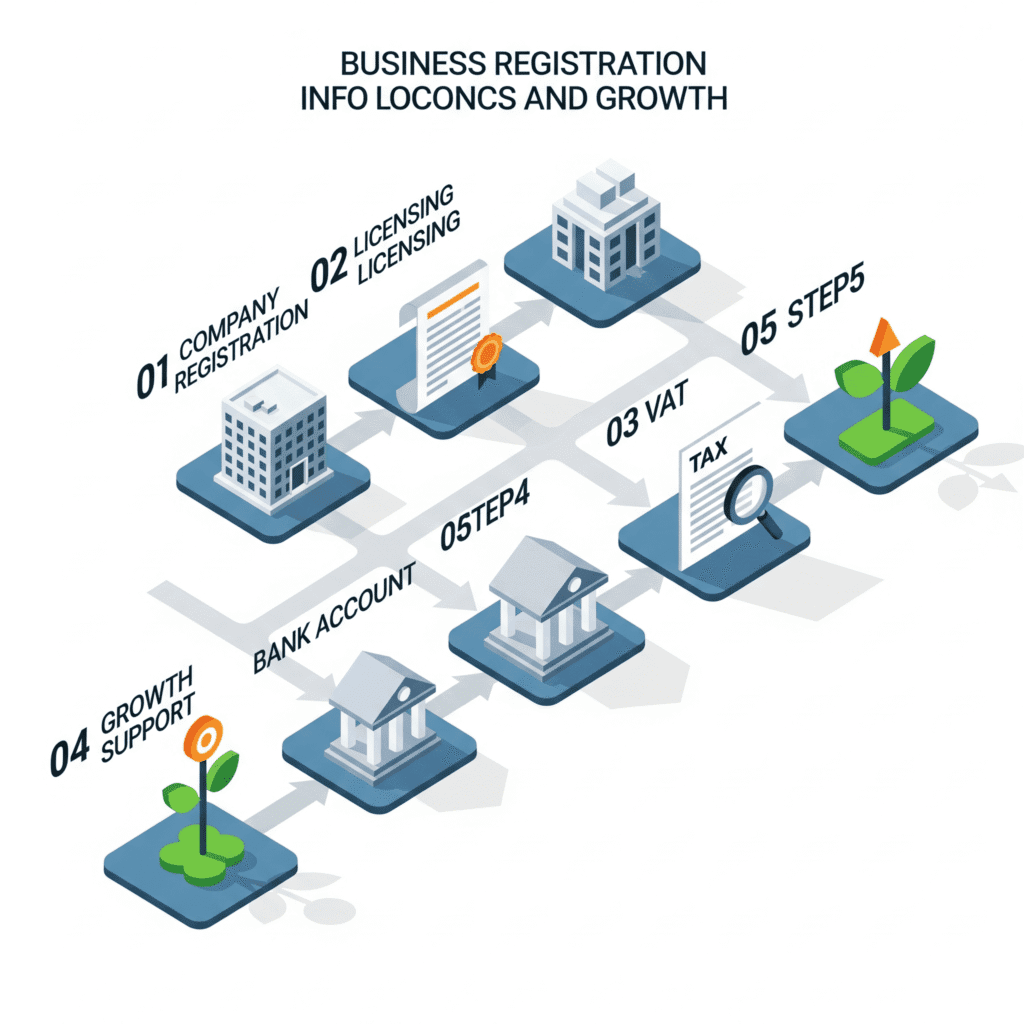 360Biz workflow graphic showing company formation, licensing, VAT, and banking services.