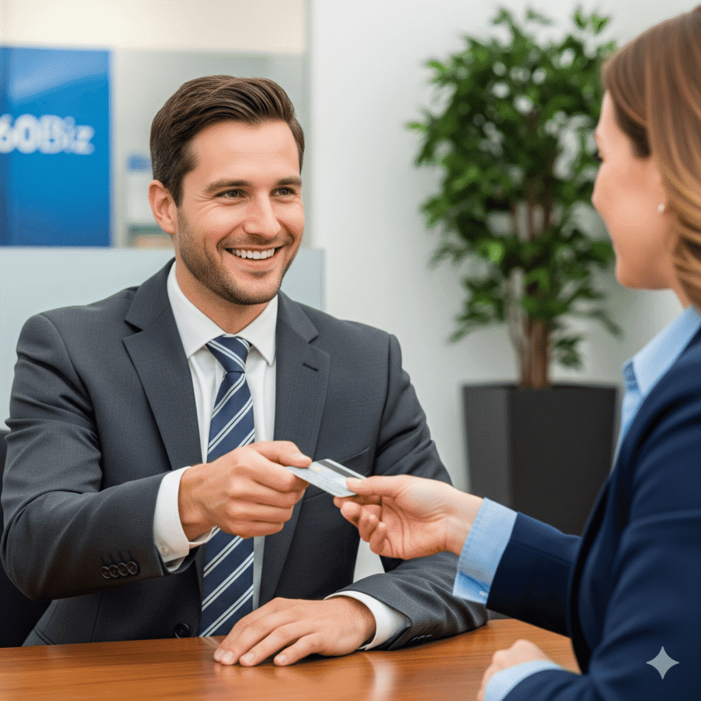Client receiving new debit card from 360Biz consultant inside Dubai bank office.