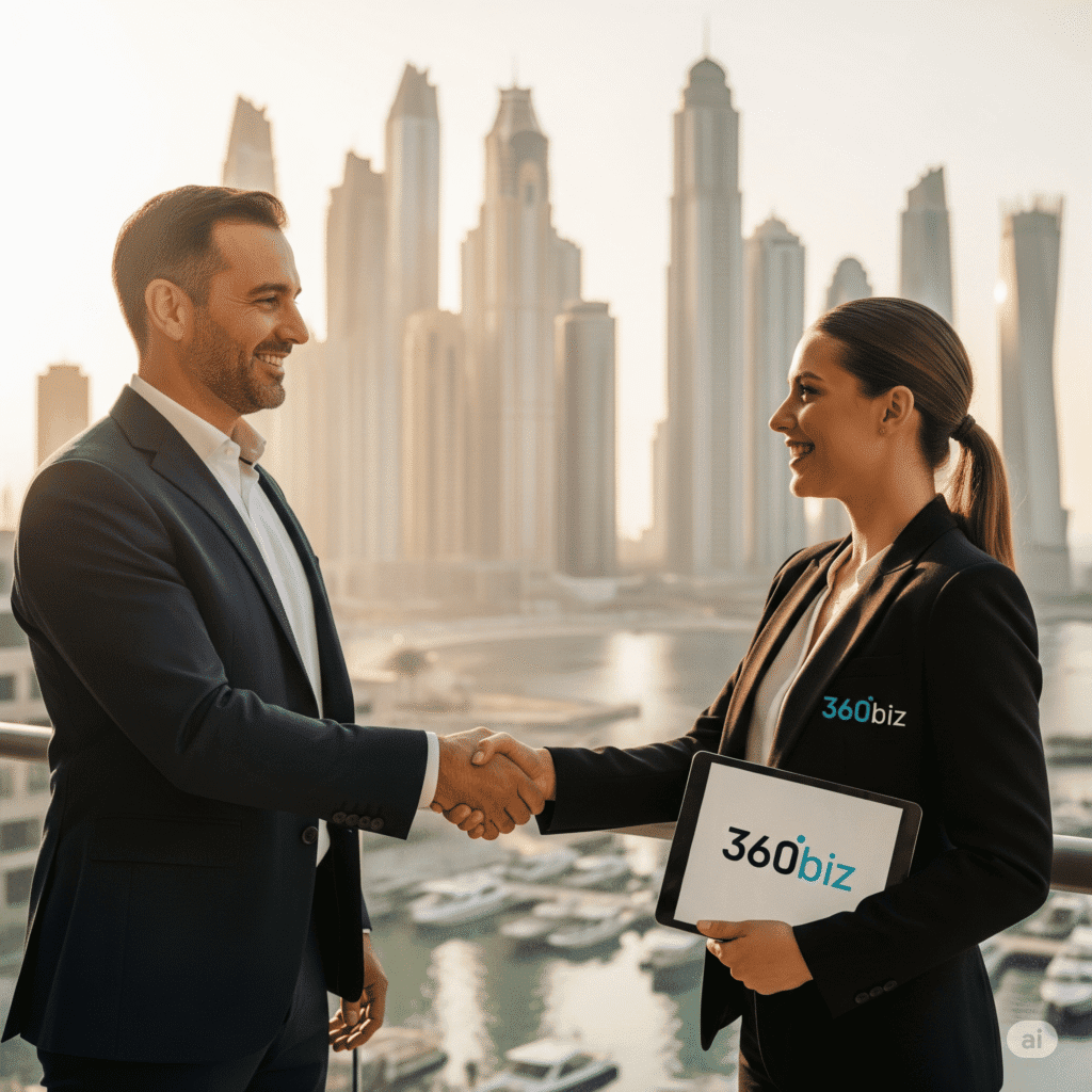 360Biz consultant shaking hands with client after a the successful business setup in Dubai