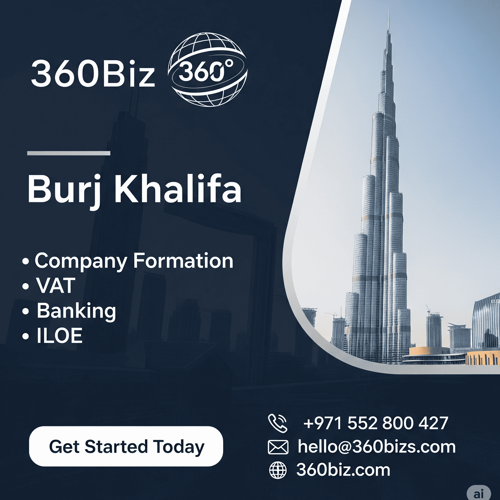 360Biz business setup services in Dubai with contact information