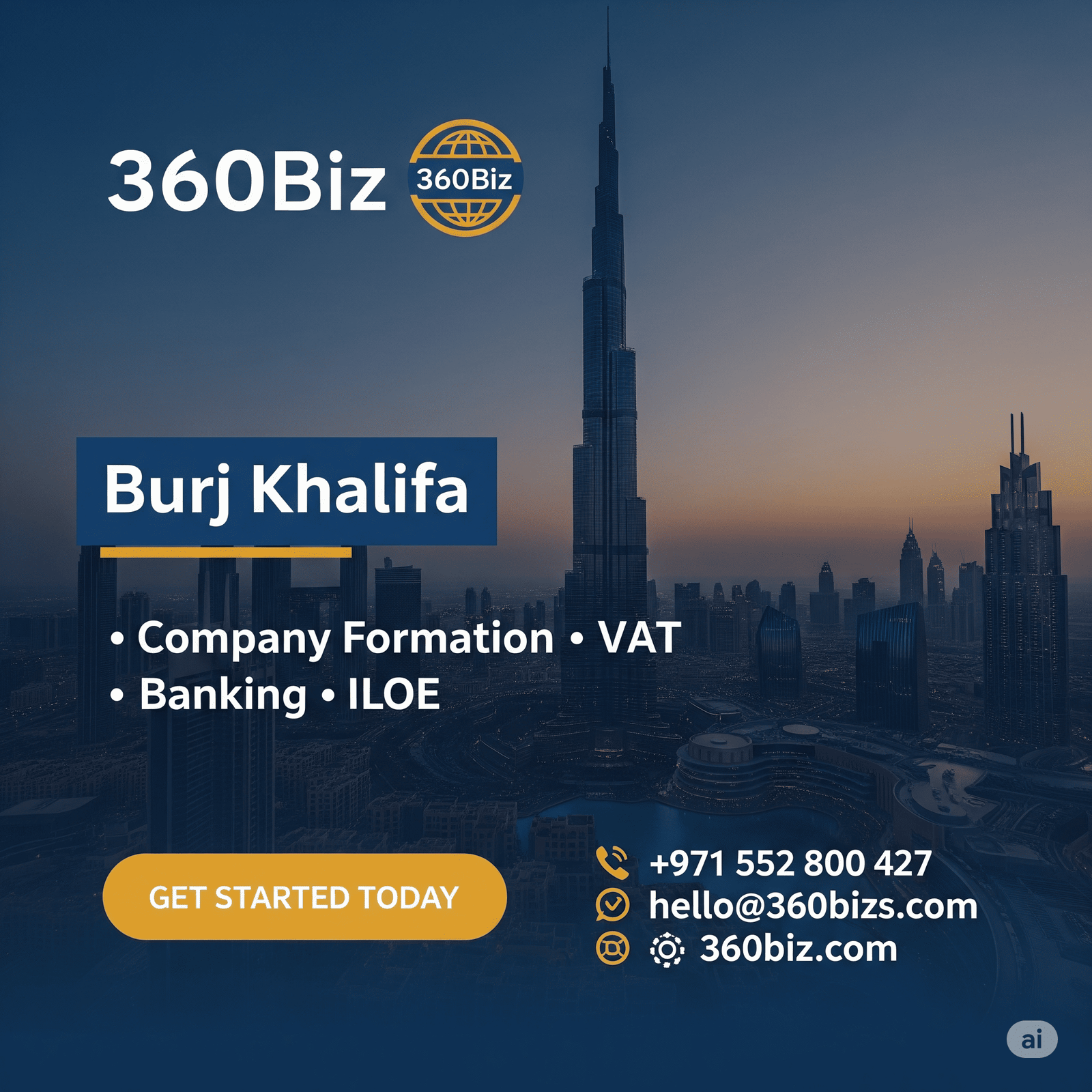 360biz helping entrepreneurs in Dubai with company formation, VAT compliance, banking, and ILOE insurance services