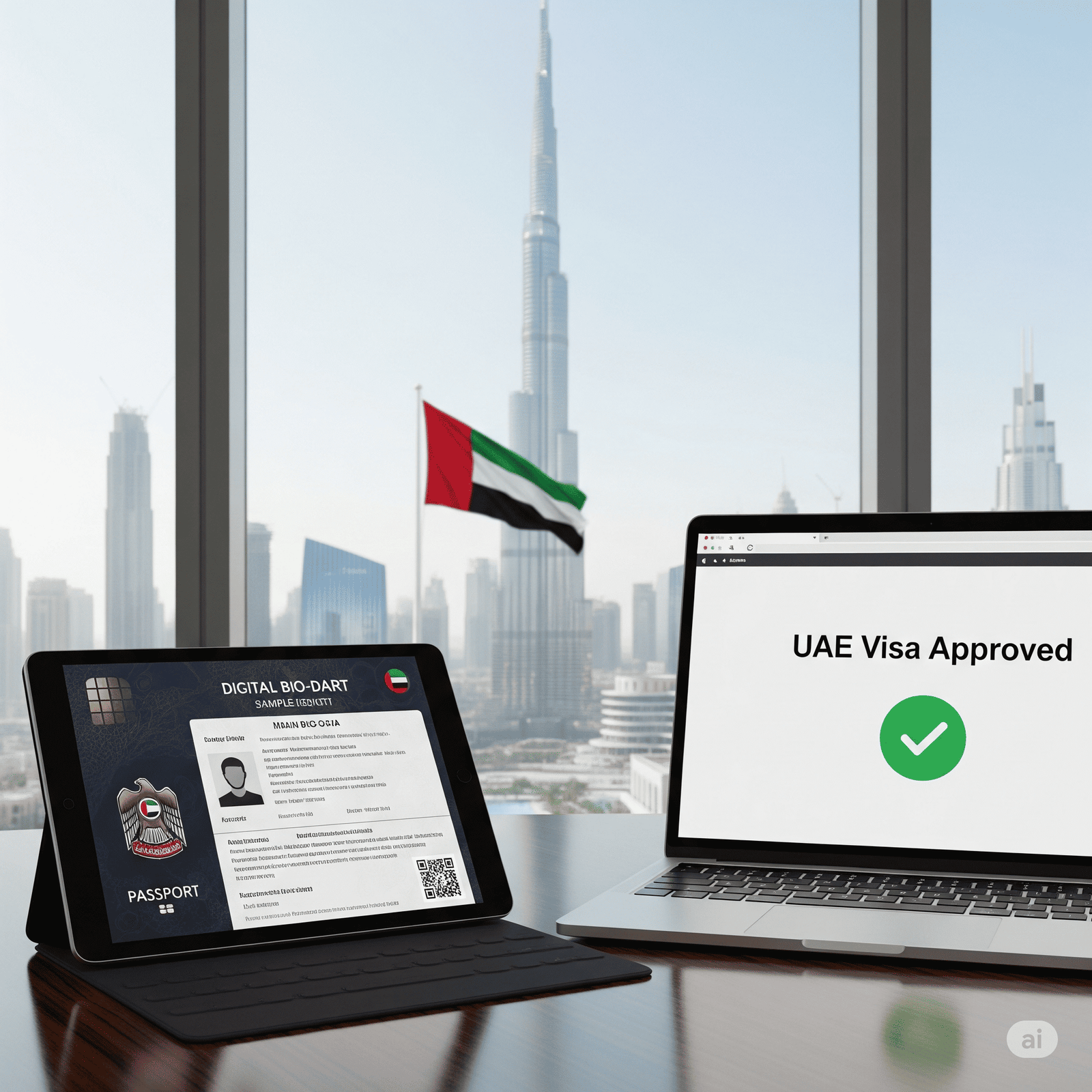 Mobile phone displaying UAE visa status check using passport number with UAE flag in background