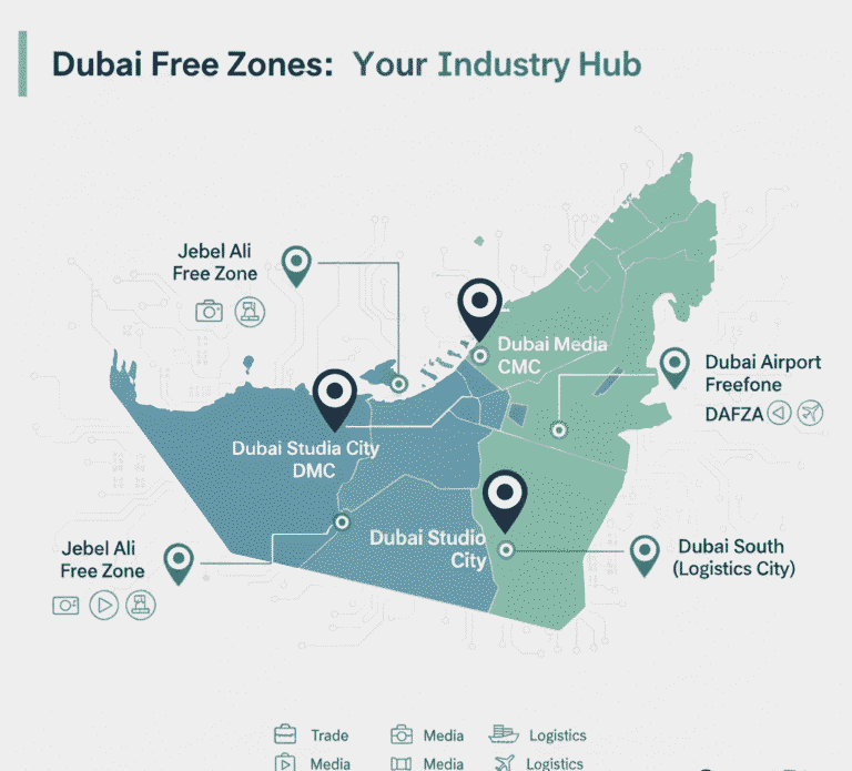 Map of Dubai Free Zones and business setup areas.