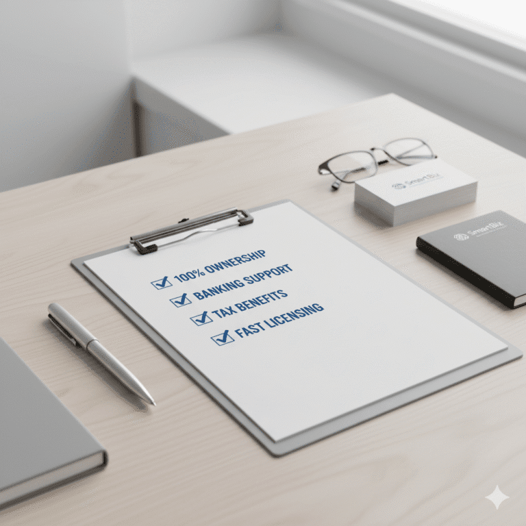 Advantages of hiring the top 10 business setup consultants in Dubai shown through a checklist of business benefits.