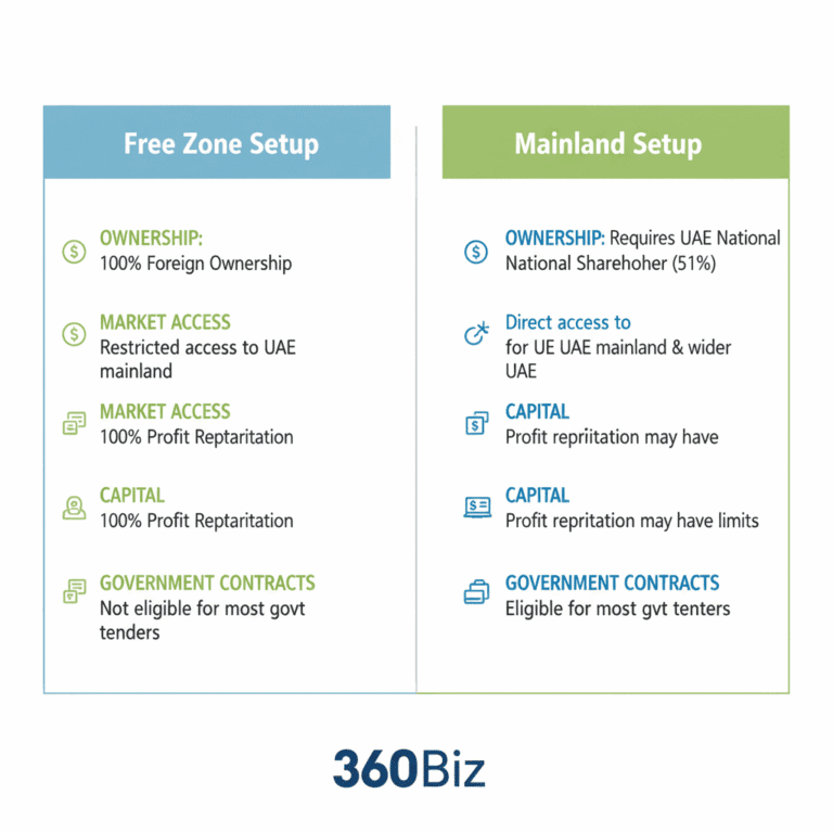 Side-by-side infographic comparing Free Zone vs Mainland.