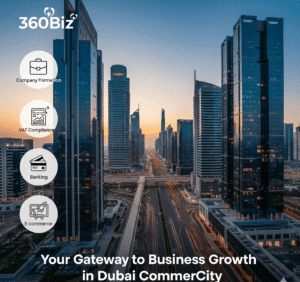 "360Biz helping entrepreneurs set up and grow businesses in Dubai CommerCity with full formation, VAT, and banking support"