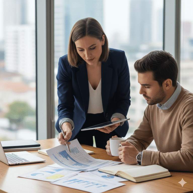 Business setup consultant in Dubai guiding an investor through company registration paperwork.