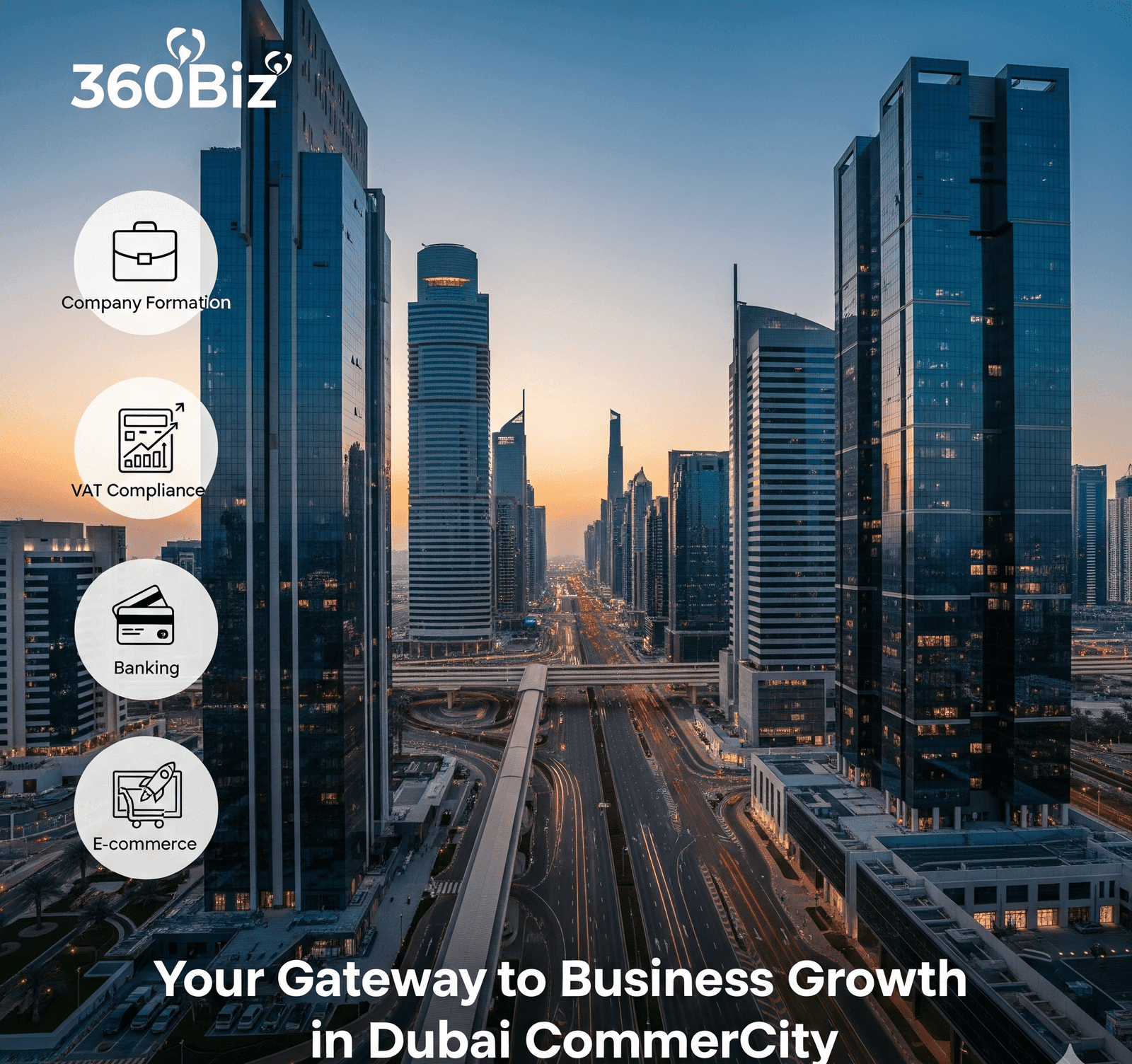 "360Biz helping entrepreneurs set up and grow businesses in Dubai CommerCity with full formation, VAT, and banking support"